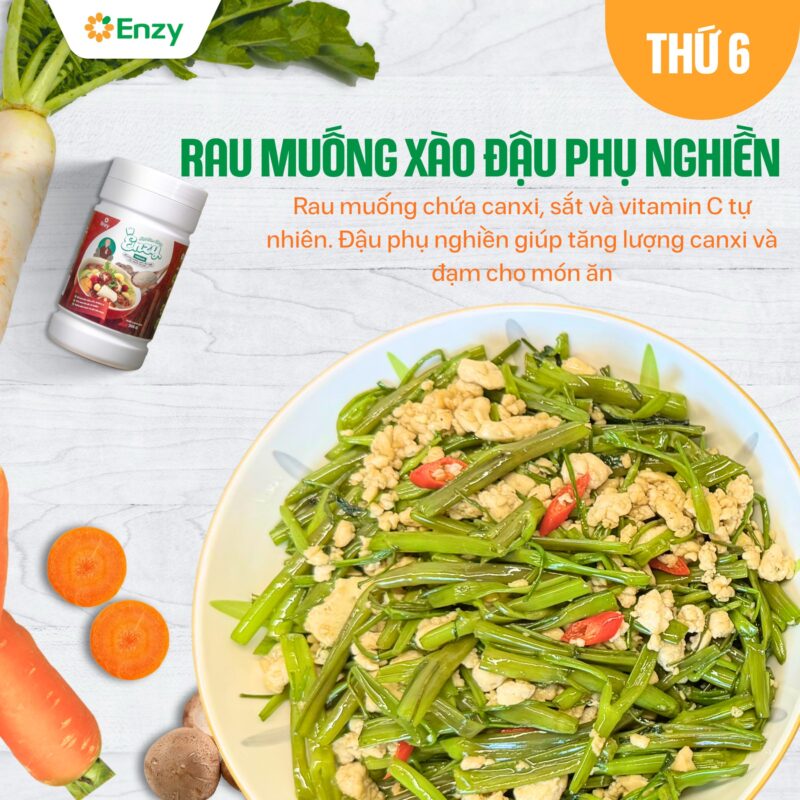 rau muống xào đậu phụ nghiền
